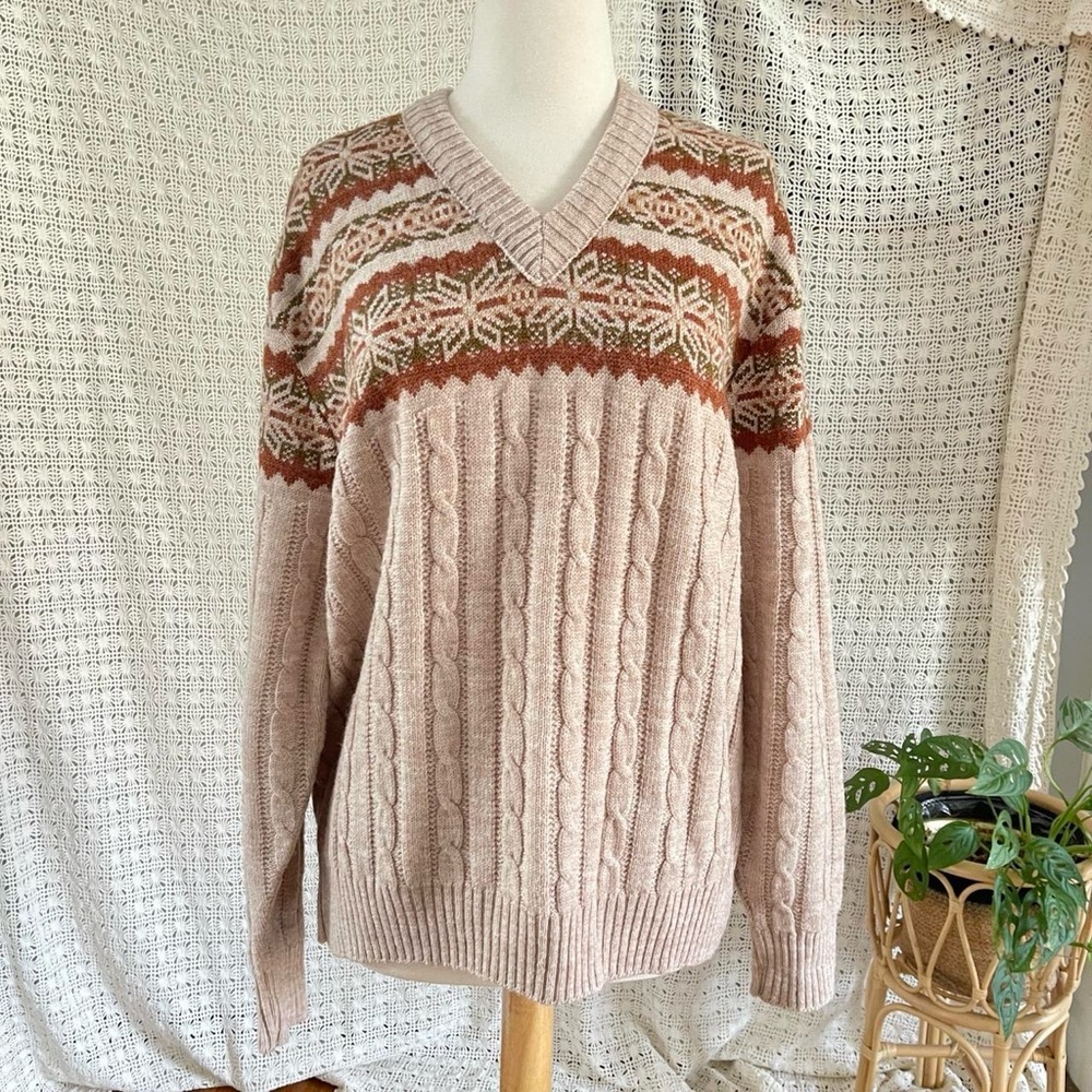 70s Vintage Jantzen Tan Earth Tones Fair Isle Cozy Sweater Size XL Cottagecore